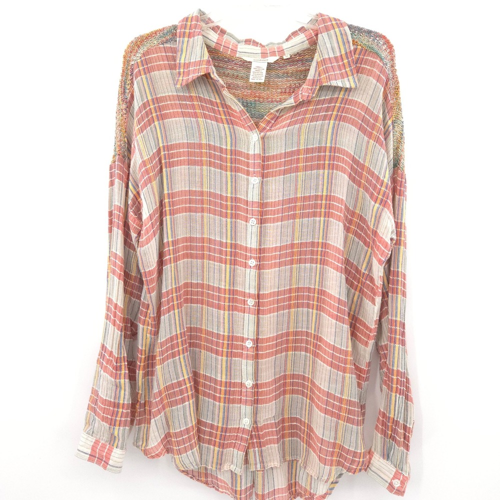 Sundance Painted Desert plaid Button Down Shirt Womens 12 Mixed Media Crochet - Picture 4 of 9